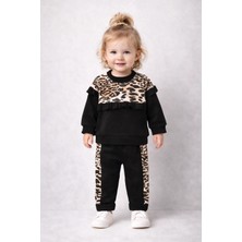 Bubito Leopar Detaylı Fırfırlı Kız Bebek Çocuk Alt Üst 2'li Takım-Siyah