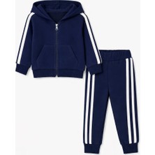 Bubito Yandan Çizgili Fermuarlı Kapüşonlu Spor 2 Li Bebek Alt Üst Takım-Lacivert