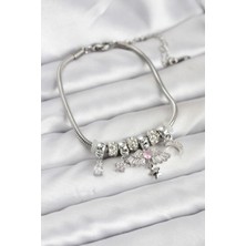 Pirinç Gümüş Renk Kanatlı Charmlı Kadın Bileklik - Lisinya