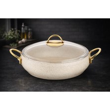 Lavonni 28 cm Güveç Basık Tencere Gold Saplı - Krem