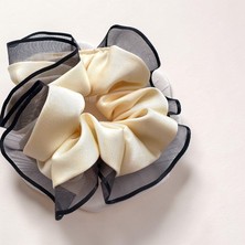 ALS Tasarım Dünyası Kadın Krem Kenarları Tül  Scrunchie Büyük Boy Simit Toka
