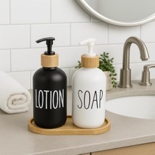 2’li Cam Sıvı Sabunluk ve Losyonluk Seti | 500 ml Siyah & Beyaz Boyalı Cam | Bambu Kapak ve Ahşap Altlıklı Banyo Seti | Şık ve Dayanıklı Tasarım