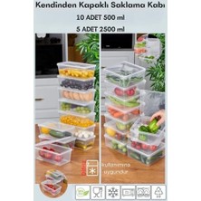- 15'li Set Saklama Kabı, 10 Adet 500ML Mini Boy Dikdörtgen ve 5 Adet 2500ML Kare Şeffaf Kendinden Kapaklı Saklama Kabı, Bpa Içermez, Buzdolabı, Dondurucu ve Dolap Organizeri