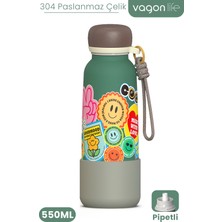 Vagonlife Desenli 550 ml Pipetli Sızdırmaz Paslanmaz Çelik Termos Matara El Askılı Bpa Içermez 550ML 1105FF