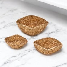 3'lü El Yapımı Hasır Kare Dekoratif Çerezlik Meyvelik, Dekoratif Amaçlı Mini Hasır Sepetler (16CM*16CM*7CM-14CM*14CM*6CM-12CM*12CM*5CM)