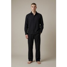 Genie Man Erkek Uzun Kol Siyah Keten Gömlek