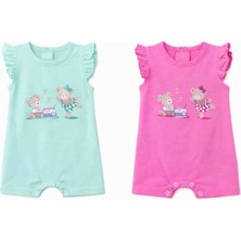 Seramis Kız Bebek 2’li Tulum Seti – Pembe & Mint Yeşili Ayıcıklı Yazlık Tulum