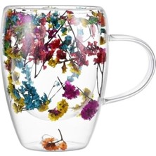 Çift Cidarlı Borosilikat Cam, Renkli Kuru Çiçek Tasarımlı, 350 ml Kapasiteli, Kulplu, Şeffaf Kahve Kupası