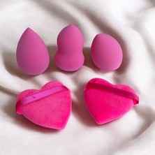 Pembe 5 Adet Güzellik Makyaj Süngeri Seti 3 Adet Sünger + 2 Adet Kalpli Pudra Fondöten Bb Krem Uygulama Aparatı Yıkanabilir Sünger -Puff