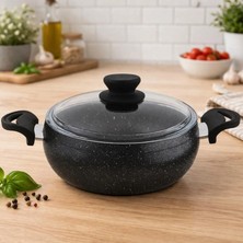 Lavonni Granit Pro 22 Cm Derin Granit Güveç Tencere Siyah Bakalit Saplı Cam Kapaklı Yapışmaz