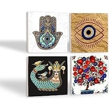 Nazar, Şahmeran, Nar Ağacı, Fatma Ana Eli  Taş Bardak Altlığı Seti - 4 Parça - Dekoratif, Rustik Mutfak Aksesuarı, 10X10 Cm, Kaydırmaz Tabanlı, Şık ve Dayanıklı SC506