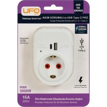 Ufo Yeni Tekli Akım Korumalı 5V 2,4A USB ve Type-C ile Hızlı Şarj, Topraklı Priz, Sürekli Koruma, 16A 250V, Max 3500W Aşırı Yük Koruması (Beyaz)