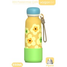 Vagonlife Desenli 550 ml Pipetli Sızdırmaz Paslanmaz Çelik Termos Matara El Askılı Bpa Içermez 550ML 1105FF