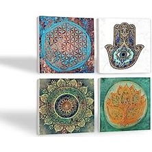 Mandala, Yaşam Çiçeği, Çiçeği, Fatma Ana Eli  Taş Bardak Altlığı Seti - 4 Parça - Dekoratif, Rustik Mutfak Aksesuarı, 10X10 Cm, Kaydırmaz Tabanlı, Şık ve Dayanıklı SC212