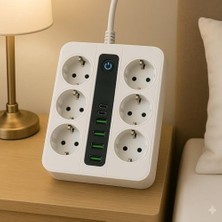6 Priz + 4 USB Çıkışlı Akıllı Çoklu Priz - Aç/kapa Anahtarlı, Hızlı Şarj Destekli, 3680 Watt, Ev & Ofis Kullanımı