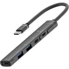 CR16 5in1 Otg Type-C'den 3AD Type-C, 2AD USB A Çoklayıcı Type-C Kulaklık Uyumlu USB C Adaptör Alüminyum Kasa