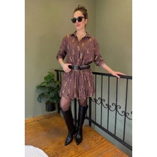 Ali Butik Kahve Çizgili Leopar Figürlü Kemerli Gömlek Elbise