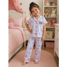 Bubiee Baby Kız Çocuk Mavi Kareli Fiyonklu Desenli Pijama Takımı -Kısa Kollu Düğmeli Pijama