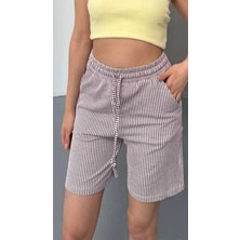 Thiff Gymwear Yandan Cepli Beli Bağcıklı Su Yolu Kadın Çizgili Şort