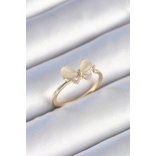 Pirinç Gold Renk Beyaz Mineli Zirkon Taşlı Kelebek Model Kadın Yüzük - Lisinya