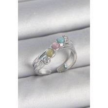 Pirinç Gümüş Renk Zirkon Taş Detaylı Renkli Mineli Ayarlanabilir Kadın Yüzük - Lisinya