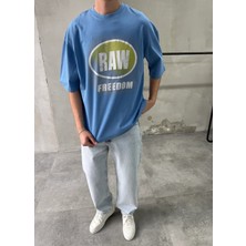 Difransel Jeans Raw Baskı Yıkamalı Mavi Oversize T-Shirt