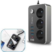 Die Grup Isıya Dayanıklı Termal Akım Korumalı 2 mt 10A 2500W 3lü Priz ve 3 Usbi 2.1A Uzatma Kablosu
