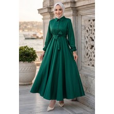 Hafsa Mina Kuşaklı Mevlana Elbise Zümrüt Yeşili HM2105