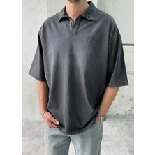 Difransel Jeans Never Lock Nakışlı Yıkamalı Antrasit Polo Yaka T-Shirt