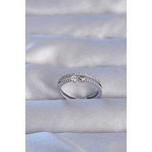 Pirinç Gümüş Renk Zirkon Taşlı Kalpli Su Yolu Model Ayarlanabilir Yüzük - Lisinya