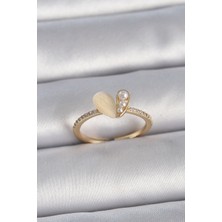 Pirinç Gümüş Renk Ayarlanabilir Zirkon Taşlı Beyaz Mineli Kalp Model Kadın Yüzük - Lisinya