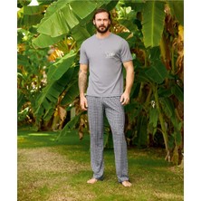 Lodos Store Aydoğan Erkek Kısa Kollu Ekose Desenli Mottolu Süprem Pamuklu Pijama Takımı