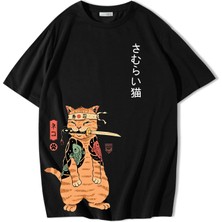 Brz Collection Unisex Oversize Ninja Cat T-Shirt Siyah
