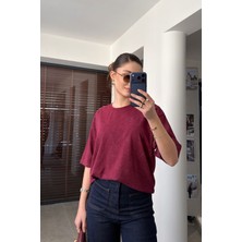 Magarde Yıkamalı Bisiklet Yaka Premium Tişört- Bordo