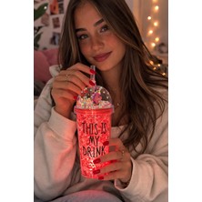 Biton Toptan My Drink Temalı LED Işıklı Pipetli Suluk Buz Görünümlü 450 ml Çift Katman Mika Su Şişesi 2642 Krmz