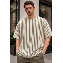 Zueofficial Erkek Oversize Haki Çizgili Jakar Kumaş Günlük Yazlık Tişört
