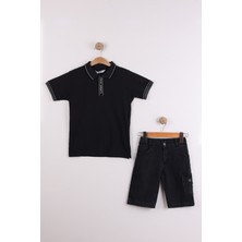 Joy Kids Erkek Çocuk Polo Yaka %100 Cotton Kargo Cepli Şort Takım (7-10YAŞ) (Siyah)