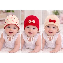 Kırmızı & Ekru Tonlarda Kız Bebek Bere Seti (3 Parça)