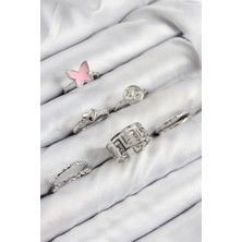 Pirinç Kelebek ve Kalp Model Gümüş Renk Kadın Yüzük Kombin Set - Lisinya