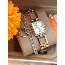 Ferrucci Kare Kasa Çelik Kordon Çift Renkli Kadın Kol Saati+Bileklik