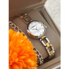 Ferrucci Gümüş/Sarı Renk Çelik Kordon Kadın Kol Saati+Bileklik Hediyeli