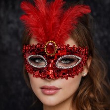 Midas Toptan Home Lüks Kırmızı Tüylü Taşlı Balo Maskesi