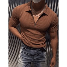 Oksit Luuk Erkek Slim Fit Fermuarlı Polo Yaka Fitilli T-Shirt