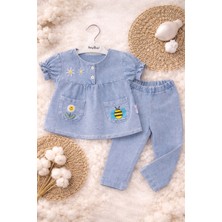 Aslin Store Arı ve Çiçek Işlemeli Cep Detaylı Denim Yumuşak Kot Kız Bebek Alt Üst Takım
