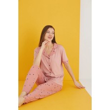 7053-34 Bamboo Pudra Siyah Yıldız Düğmeli Kısa Kol Pijama Takım