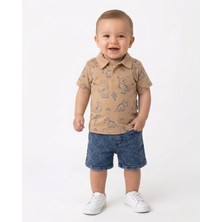 Ege Bebek Erkek Bebek Yazlık Dinozor Baskılı Polo Yaka T-Shirtlü 6-9-12-18-24 Ay Kot Şort Şık Bayramlık Takım