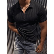 Oksit Luuk Erkek Slim Fit Fermuarlı Polo Yaka Fitilli T-Shirt