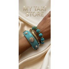 My Takı Store Deniz Kabuğu ve Inci Detaylı Mavi Kemik Bileklik Üçlü Kombin