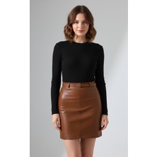 Maimoda Suni Deri Kemerli Mini Kalem Etek