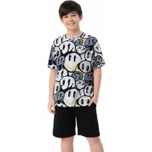 Green Kids Erkek Çocuk /Kız Çocuk Gülen Yüz Desenli Oversize Kalıp Siyah Beyaz Renk Tişört